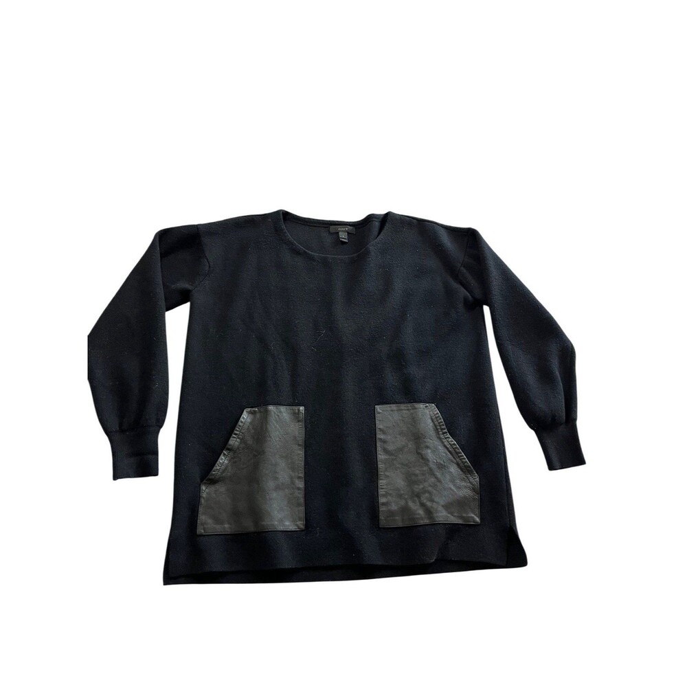 J. Crew Black Merino Wool Pullover Sweater Leather Pockets Women's Size S